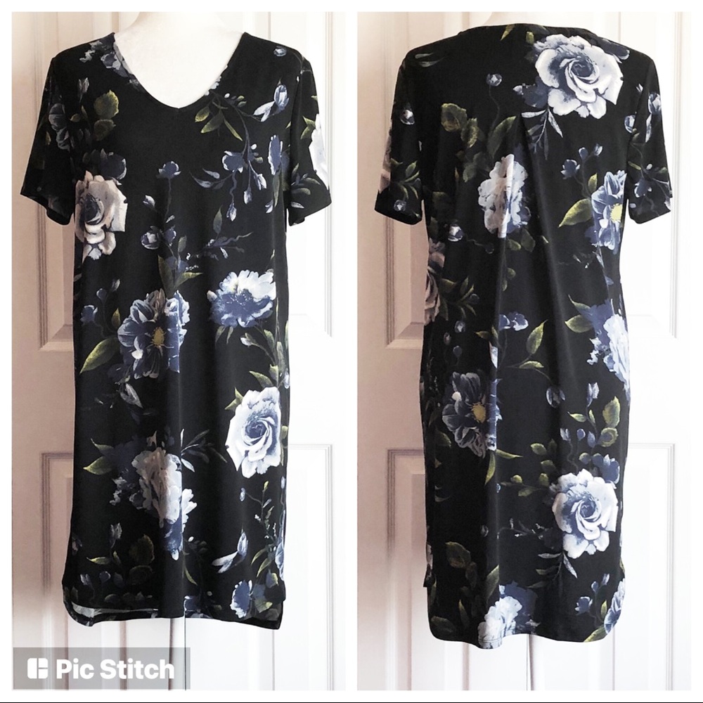 Christian Siriano Black Floral Print Stretch Mini Shift Dress Medium